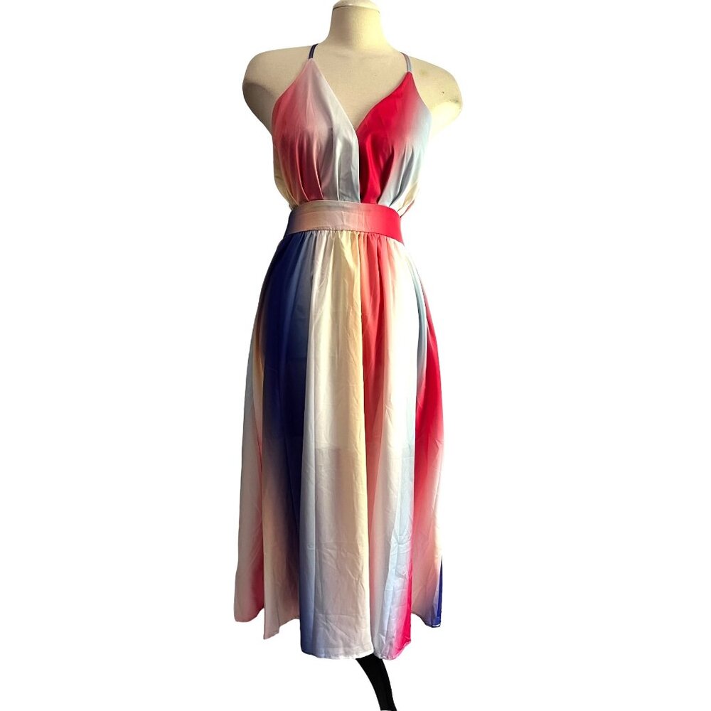 Silky Tie Die Color Splash Open Back Strappy Maxi Dress Sz Medium Womens Flowy L